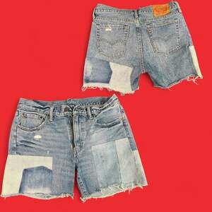 Size 30 Levi's 505C Patchwork Distressed Cut-off Raw Hem Denim Shorts